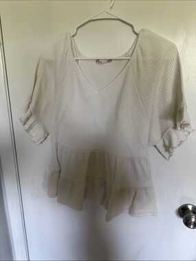 Altar'd State Cream Waffle V-Neck Peplum Blouse